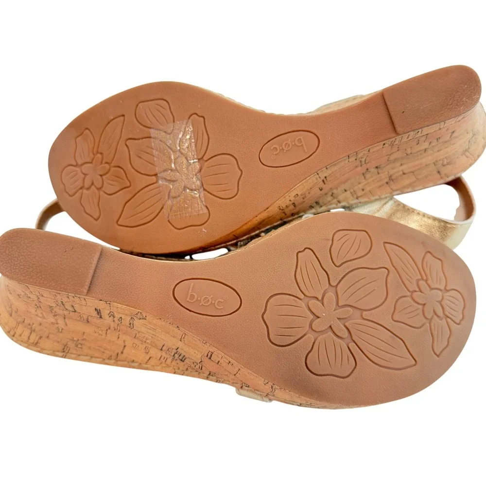 B.O.C. Wedge Floral Metallic Sandals Women 10 Gold Cork Heel Boho Feminine Party
